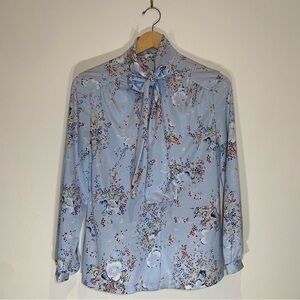 VINTAGE Floral Blue women’s Shirt pussybow necktie